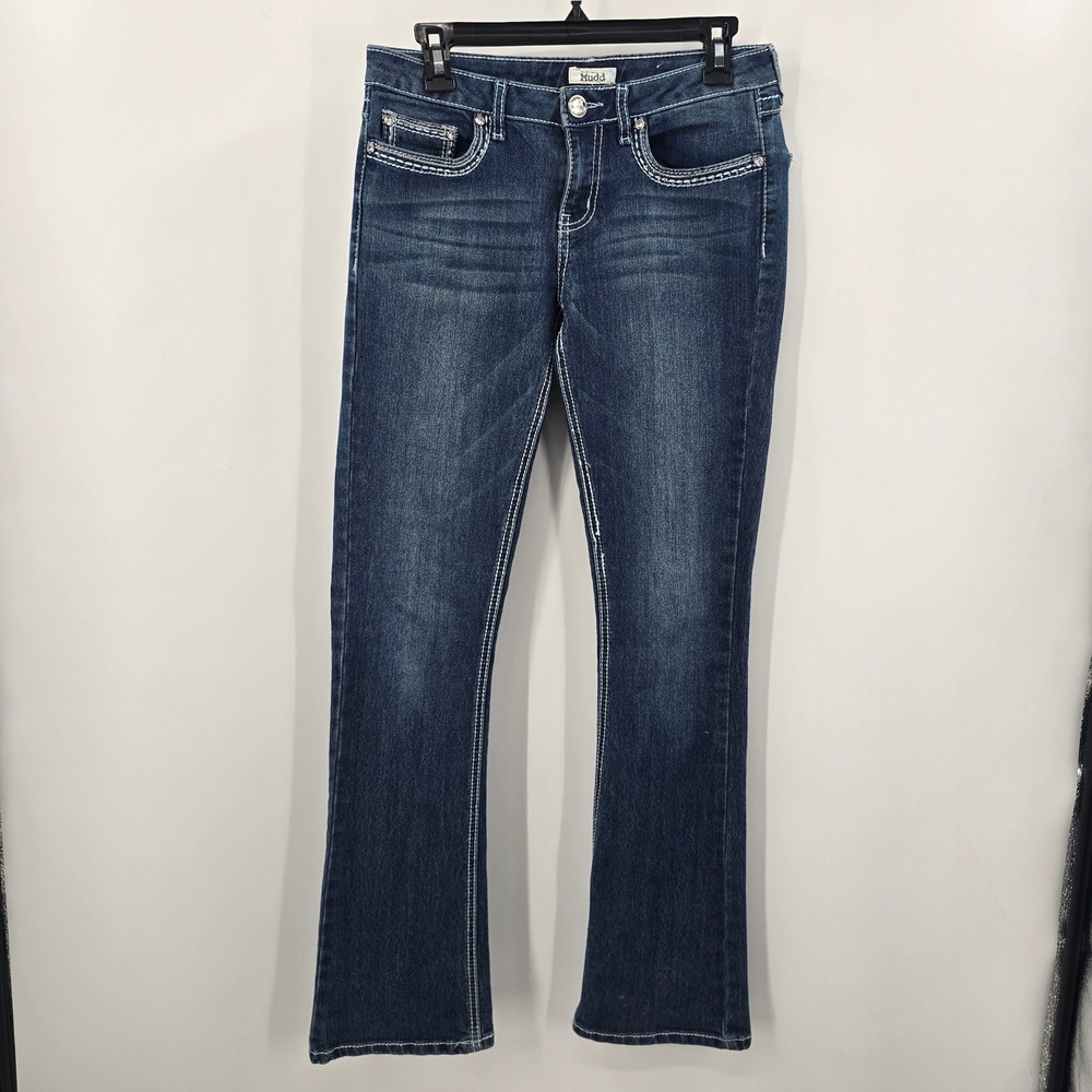 Mudd Womens Bootcut Jeans Size 9‎ Dark Wash Rhinestone Cross Back Pockets Y2K